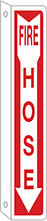 Image of Product. Fire Hose with Arrow (Red

with Red/White

Message—Rectangle)—Two-Way

View. Front orientation. Signs. Flange-Mount Fire Equipment Signs, Fire Hose with Arrow (Red with Red/White Message—Rectangle)—Two-Way View.