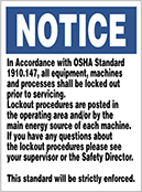 Image of Product. Front orientation. Signs. Lockout Signs, Notice—All Equipment, Machines and Processes Shall Be Locked Out Prior to Servicing (English).