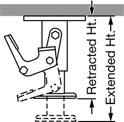 Image of Attribute. Front orientation. Contains Annotated. Zinc-Plated Steel Floor Lock with Pedal on Both Sides, 7-1/2" Extended and 6-1/2" Retracted Height.