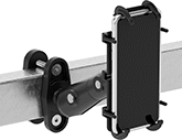Image of ProductInUse. Clamp-On Rectangular-Bar Mount Shown Installed. Front orientation. Positioning Arms. Mobile Device Positioning Arms, For Irregularly-Shaped Devices—Clamp-On Rectangular-Bar Mount.