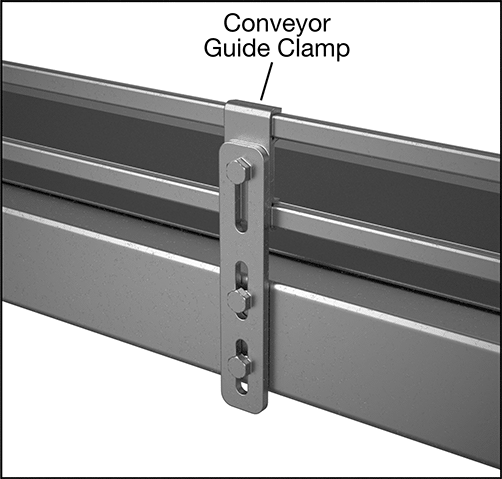 Image of ProductInUse. Front orientation. Contains Annotated, Border. Conveyor Guide Clamp for 1 Line, 1" Wide, 0.85" High.