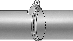 Image of ProductInUse. Front orientation. CrossSection view. Contains Annotated. Duct Size 6 Steel 45 Degree Elbow Connector for Quick-Disconnect Duct.