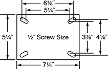 Image of Specification. Mounting Plate. Front orientation. Contains Annotated. For 1/2" Screws. Extra-High-Capacity Stronghart Casters with Polyurethane Wheels.