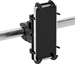 Image of ProductInUse. Clamp-On Pipe Mount Shown Installed. Front orientation. Positioning Arms. Mobile Device Positioning Arms, For Smartphones—Clamp-On Pipe Mount.