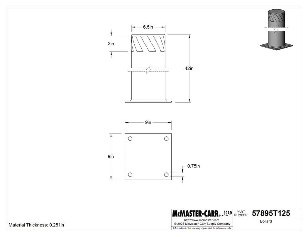 Technical Drawing of Bollard, Closed Top with Band, 42" High.