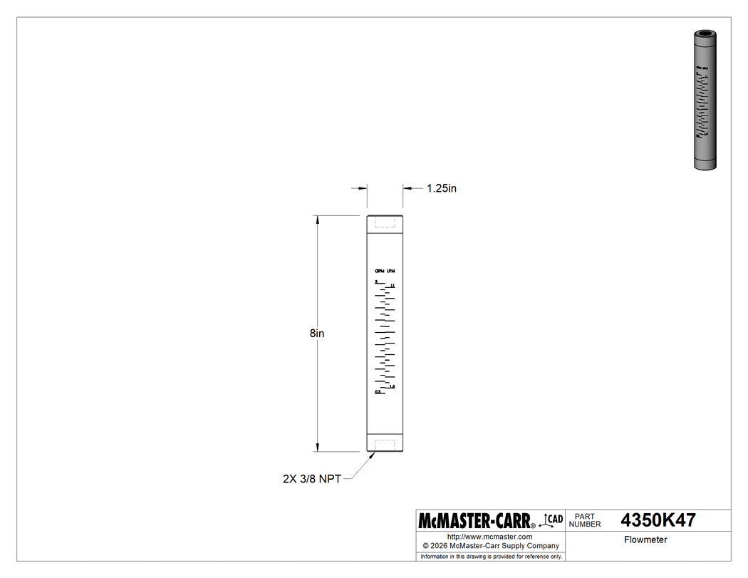 Technical Drawing of Flowmeter, Cylinder, Polypropylene Fittings, 3/8 NPT Female, 0.3-3 gpm.