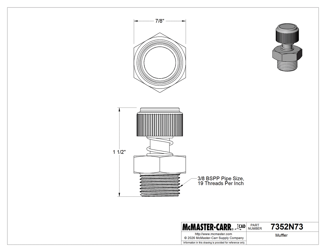 Technical Drawing of Muffler, 3/8 BSPP Male, 53 scfm @ 100 PSI Flow Rate.