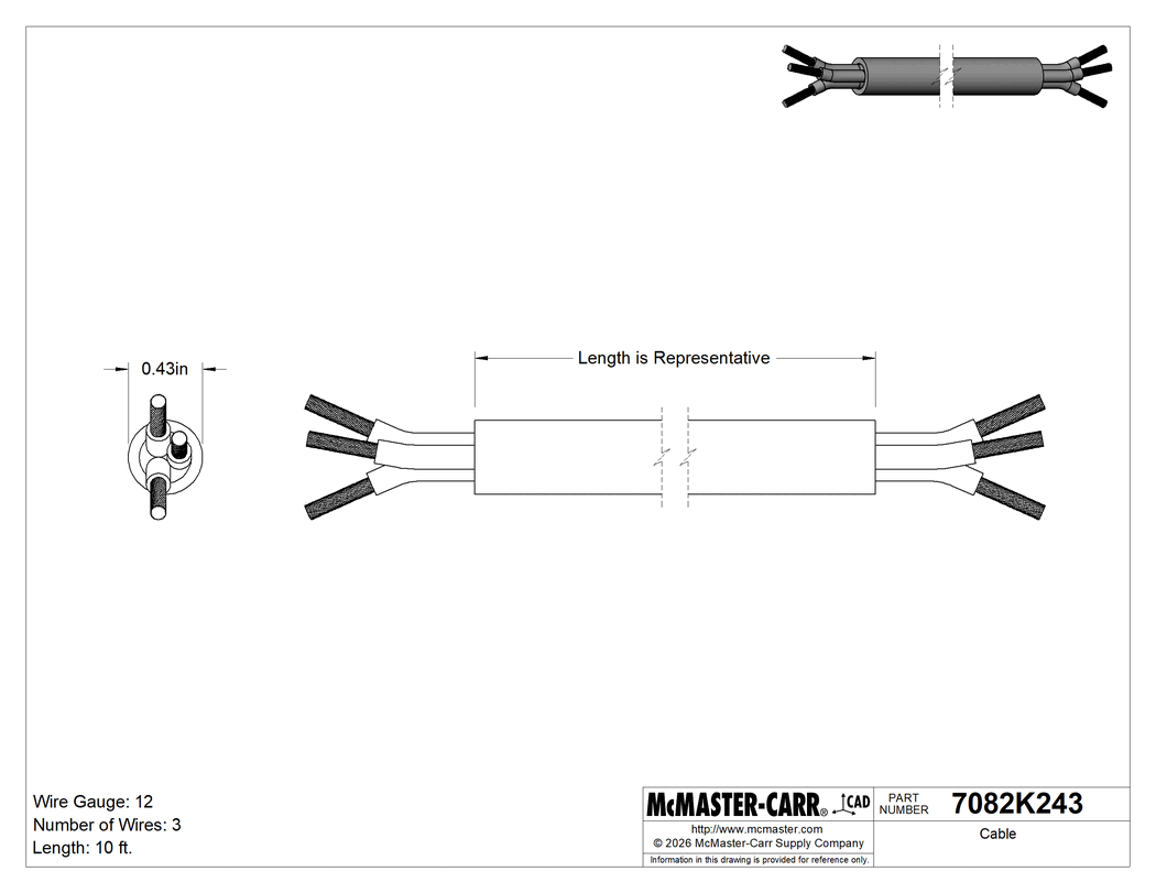 Technical Drawing of Cable, SJEOOW, Black Outer Insulation, 12 Gauge, 3 Wires.