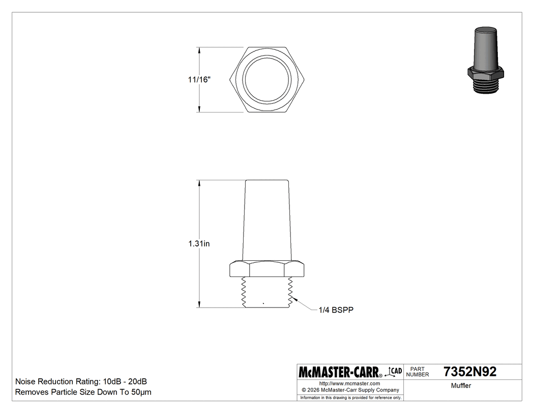 Technical Drawing of Muffler, 1/4 BSPP Male, 86 scfm @ 100 PSI Flow Rate.