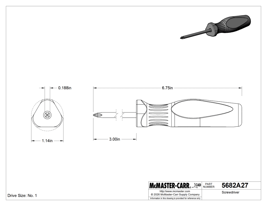 Technical Drawing of Plain-Grip Screwdriver, Number 1 Phillips Drive, 6-3/4" Overall Length.