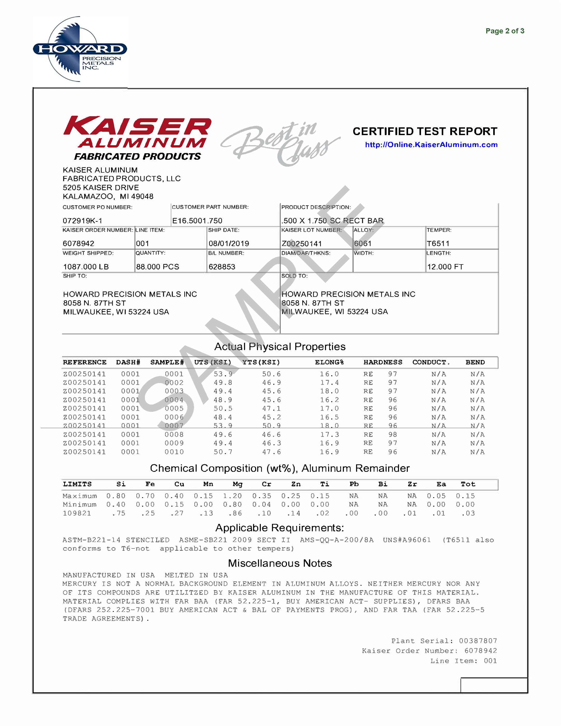 Sample Certificate for 6061 Aluminum Bar