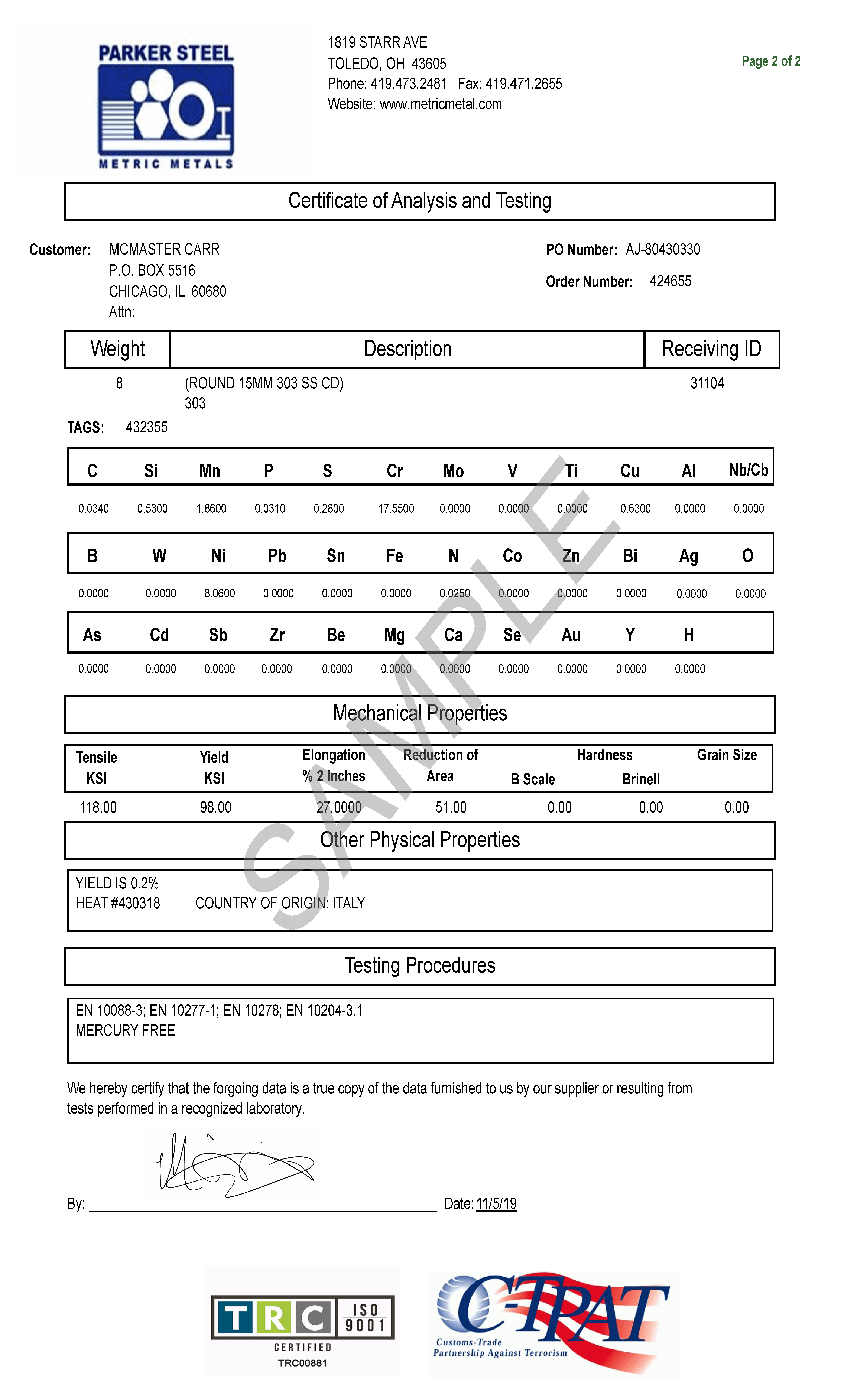 Sample Certificate for 303 Stainless Steel Rod